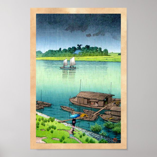 Cool oriental japanese scenery river side rain art poster (Front)