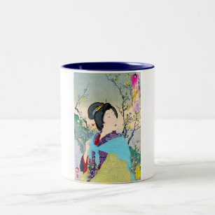 cool oriental japanese woodprint classic geisha Two-Tone coffee mug