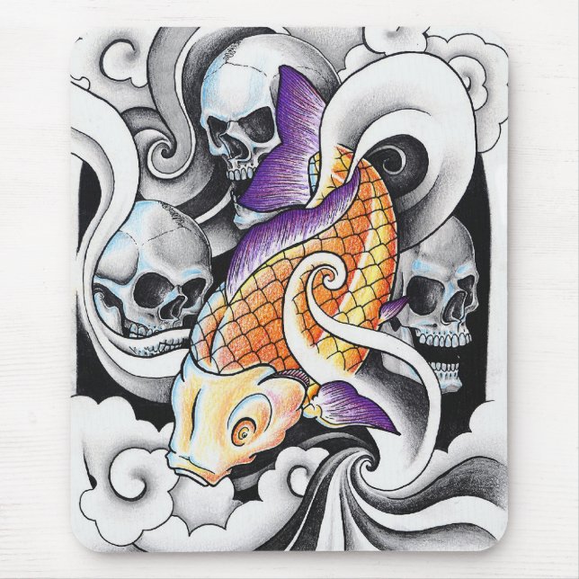 Cool Oriental Koi Carp Skull tattoo Mouse Mat (Front)