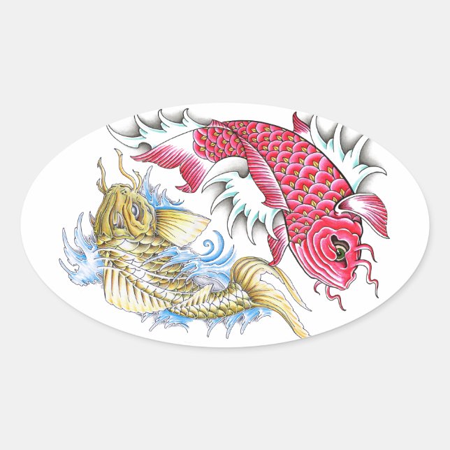 Cool Oriental Koi Fish Red Gold Yin Yang tattoo Oval Sticker (Front)