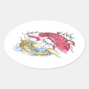 Cool Oriental Koi Fish Red Gold Yin Yang tattoo Oval Sticker