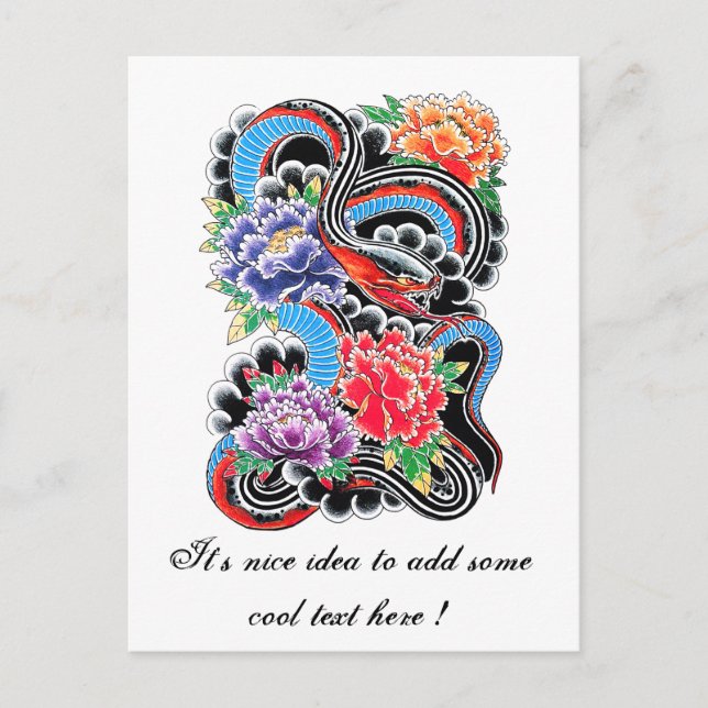 Cool oriental snake with lotus flower tattoo postcard (Front)