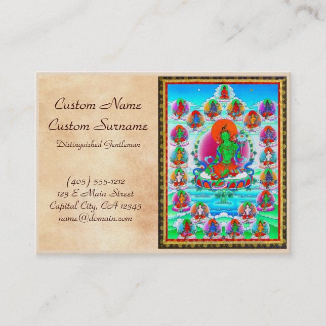 Cool oriental tibetan thangka Green Tara  tattoo Business Card (Front)