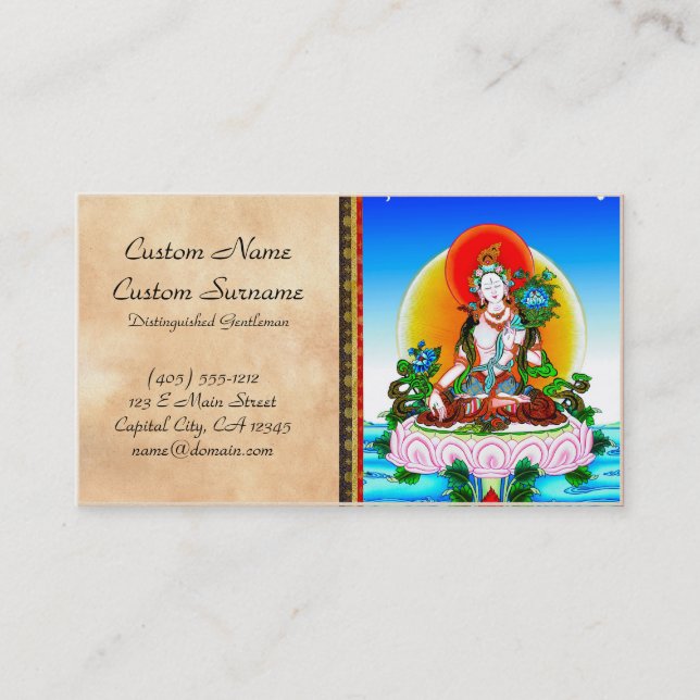 Cool oriental tibetan thangka White Tara tattoo Business Card (Front)