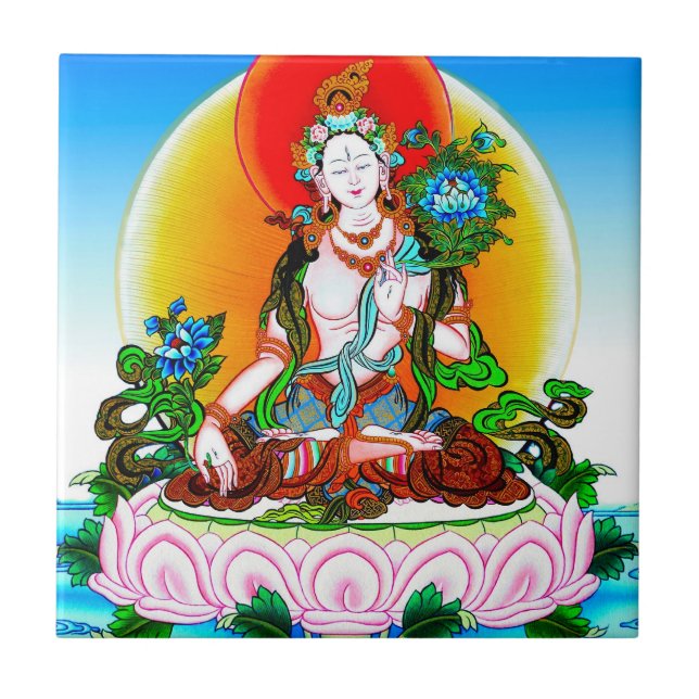Cool oriental tibetan thangka White Tara tattoo Tile (Front)