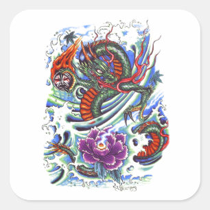 Cool Oriental Water Dragon Lotus Square Sticker
