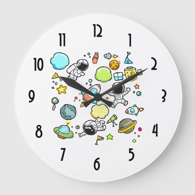 Cool Outer Space Astronauts & Rockets Pattern Large Clock (Front)
