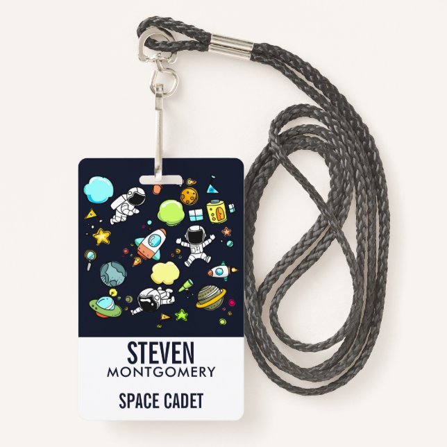 Cool Outer Space Theme - Astronauts & Rocket Ships ID Badge (Front with Lanyard)