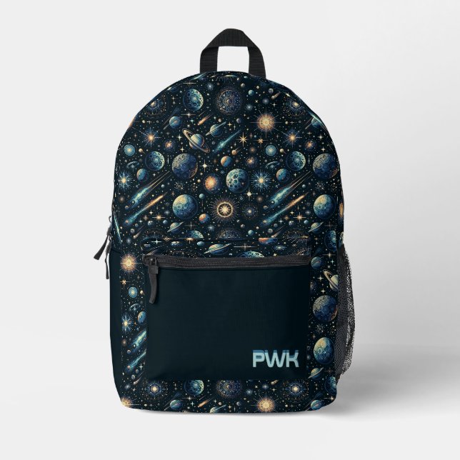 Cool Outer Space Themed Custom Monogram Initials Printed Backpack (Front)