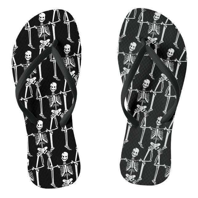 Cool Overlapping Skeletons Pattern on Black Flip Flops (Footbed)
