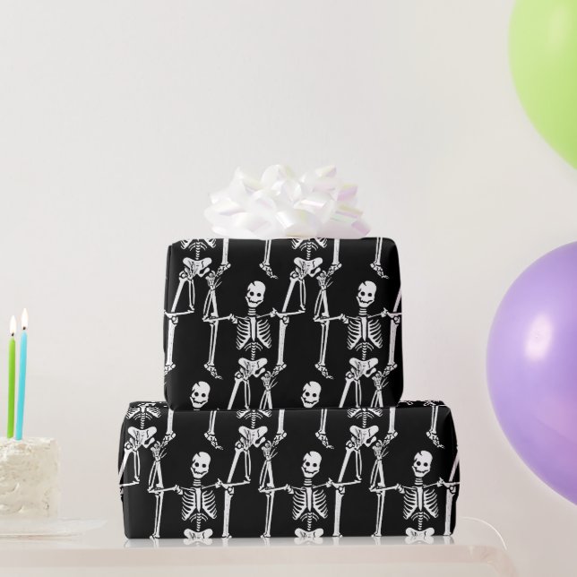 Cool Overlapping Skeletons Pattern on Black Wrapping Paper (Party Gifts)