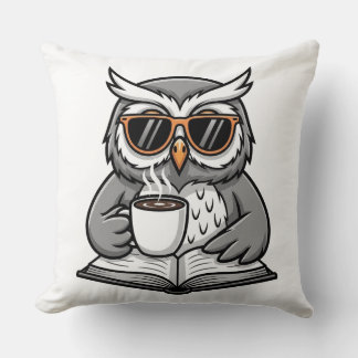 Cool Owl Reading With Coffee Cushion