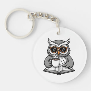Cool Owl Reading With Coffee Key Ring