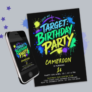 Cool Paintball Colourful Blue Splatter Target Teen Invitation