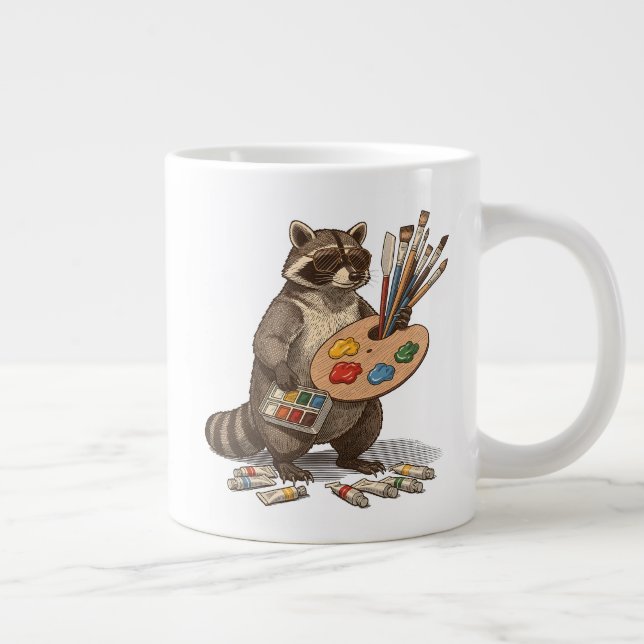 Cool Painter Racoon Illustration Large Coffee Mug (Right)