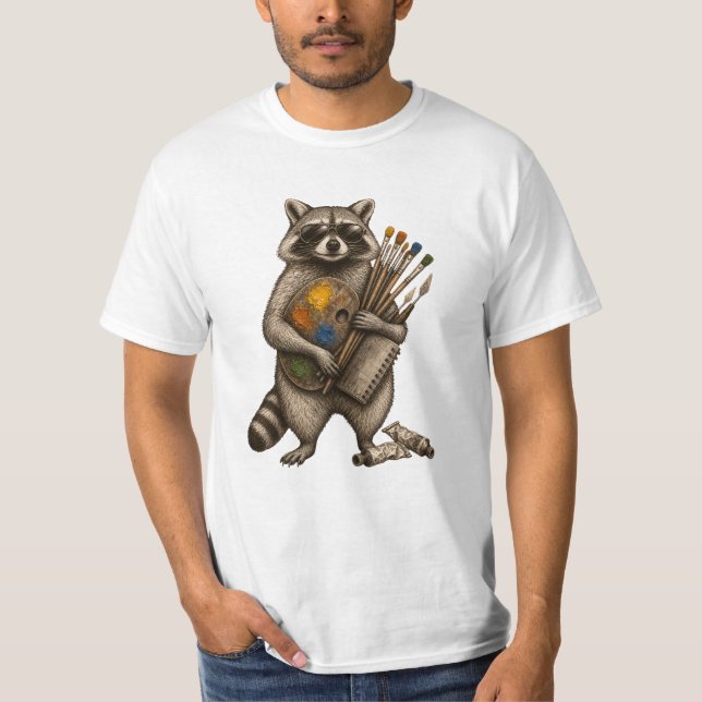 Cool Painter Racoon Illustration T-Shirt (Front)