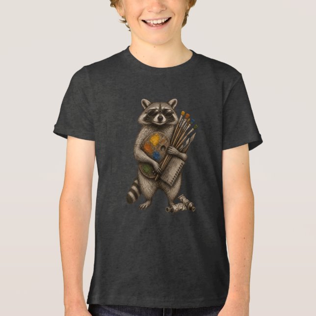 Cool Painter Racoon Illustration Tri-Blend Shirt (Front)