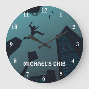 Cool PARKOUR Teen Graphics Building Roof Jumping Large Clock