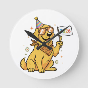 Cool Party Golden Retriever Dog Happy New Year Round Clock