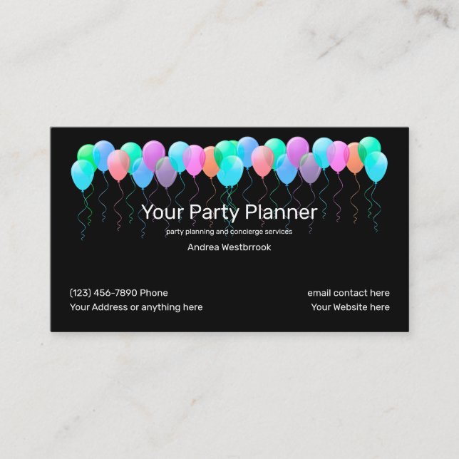 Cool Party Planning Services Business Card (Front)