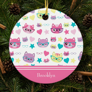 Cool Pastel Cats w Glasses Pattern, Pink Christmas Ceramic Tree Decoration