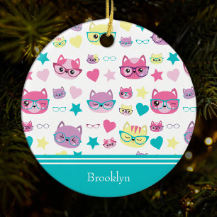 Cool Pastel Cats w Glasses Pattern, Teal Christmas Ceramic Tree Decoration