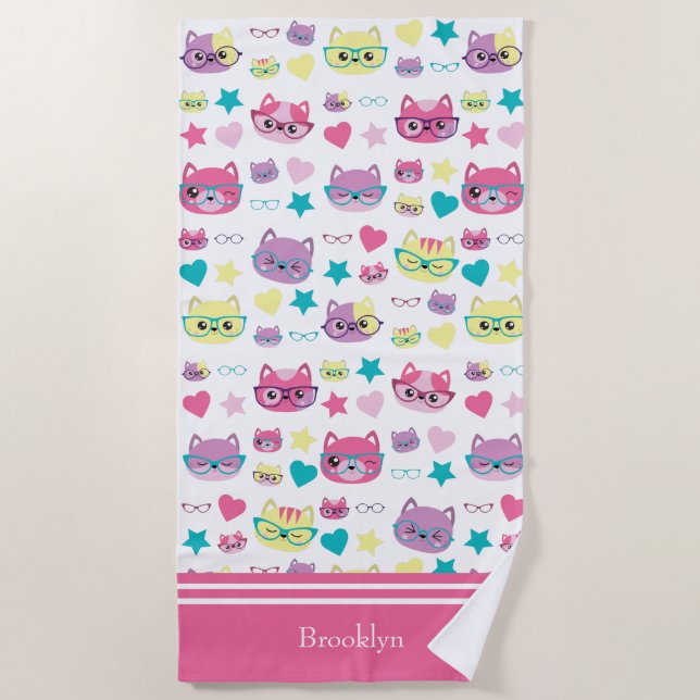 Cool Pastel Cats With Glasses Pattern, Pink Beach Towel (Front)