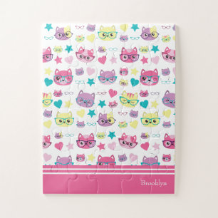 Cool Pastel Cats With Glasses Pattern, Pink Jigsaw Puzzle