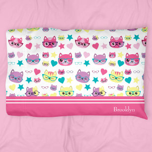 Cool Pastel Cats With Glasses Pattern, Teal Pillowcase