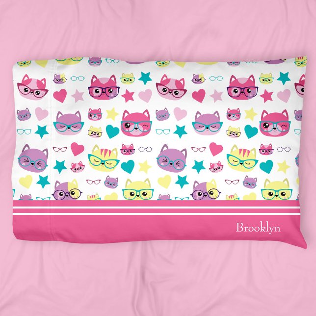 Cool Pastel Cats With Glasses Pattern, Teal Pillowcase (Creator Uploaded)