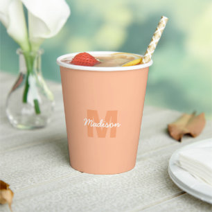 Cool pastel peach colour with Custom Monogram name Paper Cups