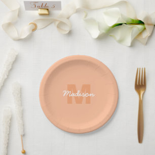 Cool pastel peach colour with Custom Monogram name Paper Plate