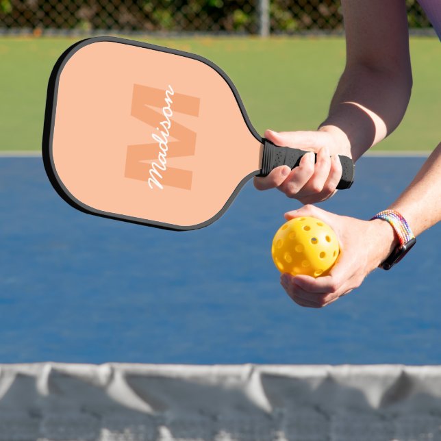Cool pastel peach colour with Custom Monogram name Pickleball Paddle (Insitu)