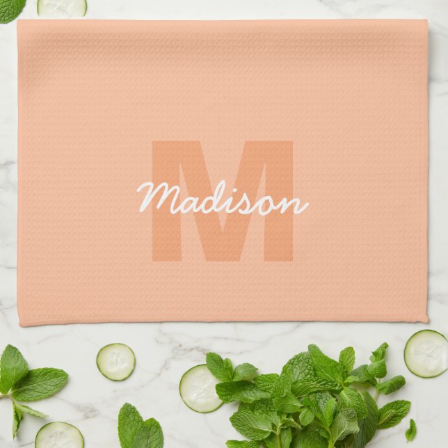 Cool pastel peach colour with Custom Monogram name Tea Towel (Folded)