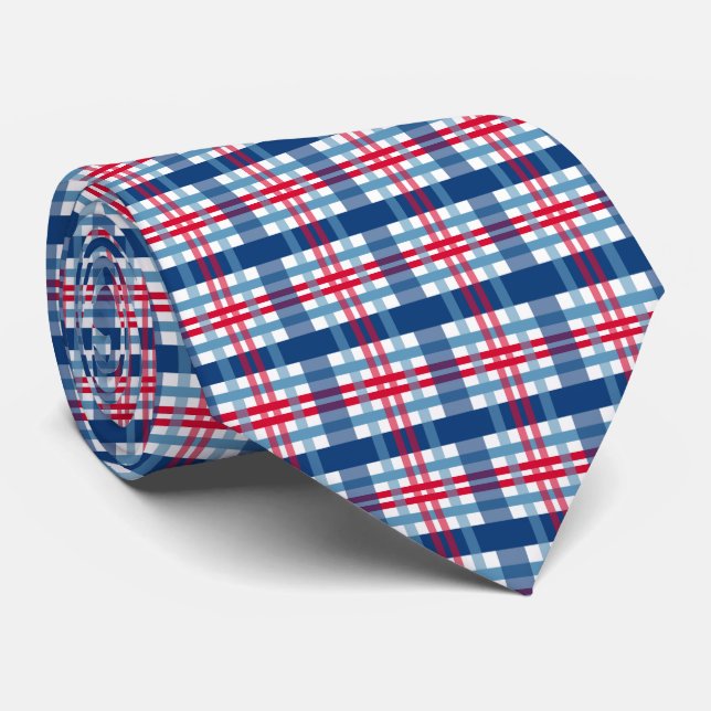 cool Patriotic red white blue plaid Tie (Rolled)
