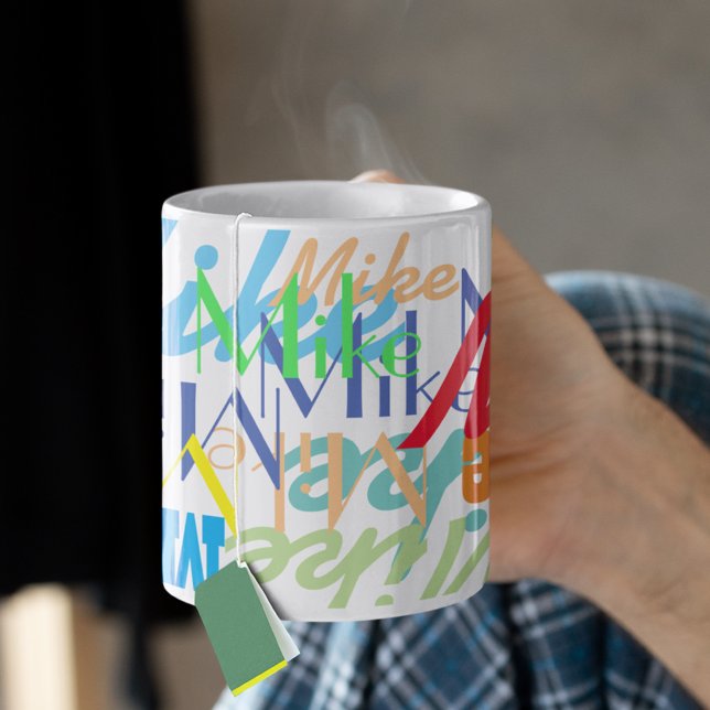 cool pattern of names of different colours coffee mug (good gift idea for adults and/or children)