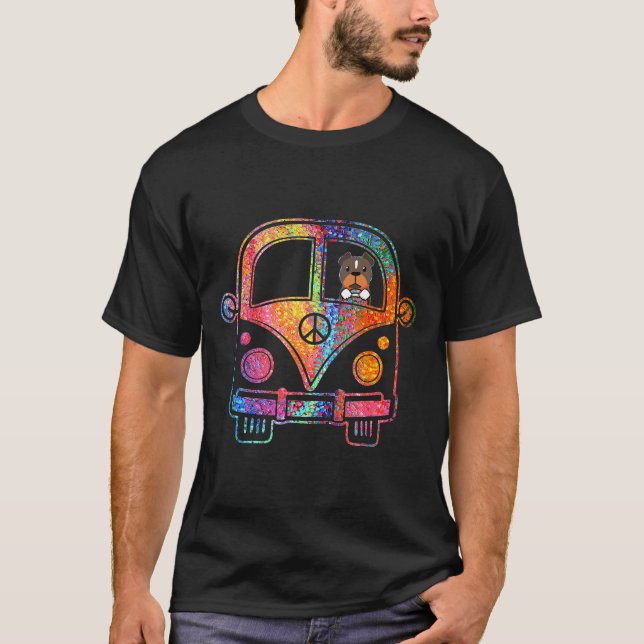 Cool Peace Amp Love Pitbull In Hippie Bus T-Shirt (Front)