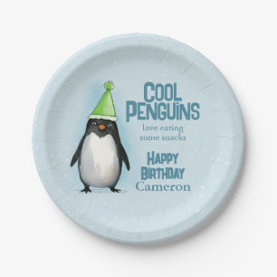 Cool Penguin green hat celebrate kid's birthday Paper Plate