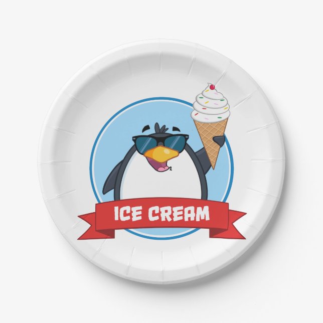 Cool Penguin Holding Ice Cream Paper Plate (Front)