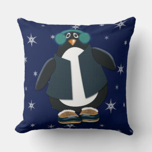 Cool Penguin   Night Sky Snowflakes Cushion