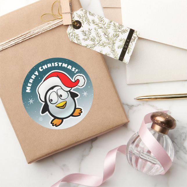 Cool Penguin With Santa Hat Classic Round Sticker (Gifting)
