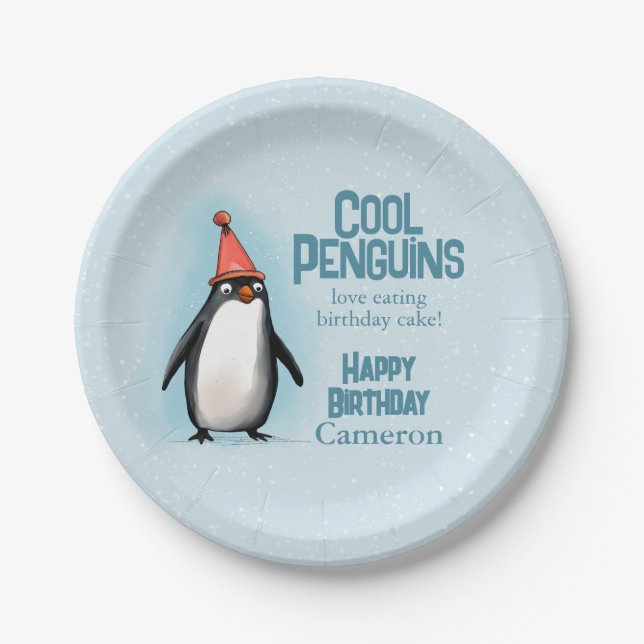 Cool Penguins celebrate kid's birthday Paper Plate (Front)