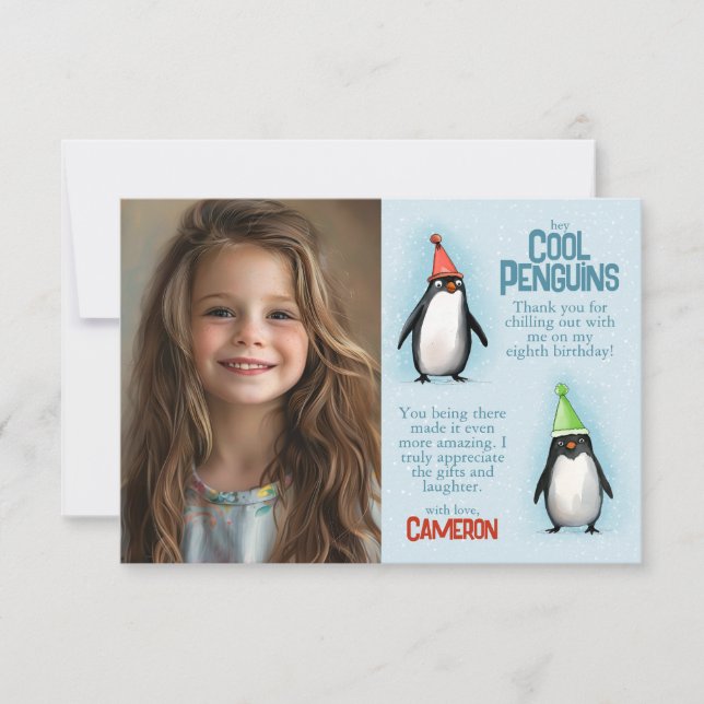 Cool Penguins celebrate kid's birthday photo Thank You Card (Front)
