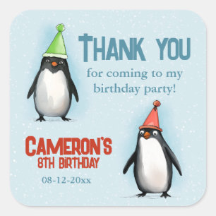 Cool Penguins celebrate kid's birthday thank you Square Sticker