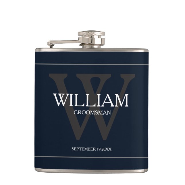 Cool Personalised Groomsman Name Navy Blue Flask (Front)