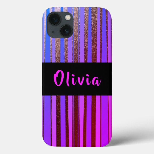 Cool Personalised Neon Glitter Purple Stripes Case-Mate iPhone Case (Back)