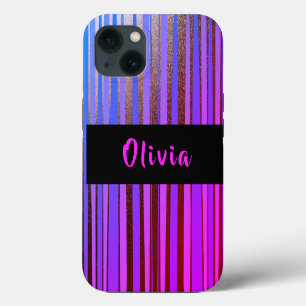 Cool Personalised Neon Glitter Purple Stripes iPhone 13 Case