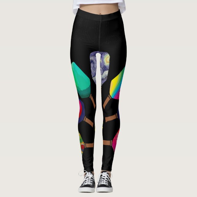 Cool Pickleball Paddle Sports Rainbow Leggings (Front)