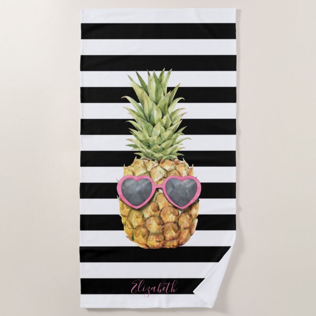 Cool Pineapple, Black White Stripes  Beach Towel (Front)