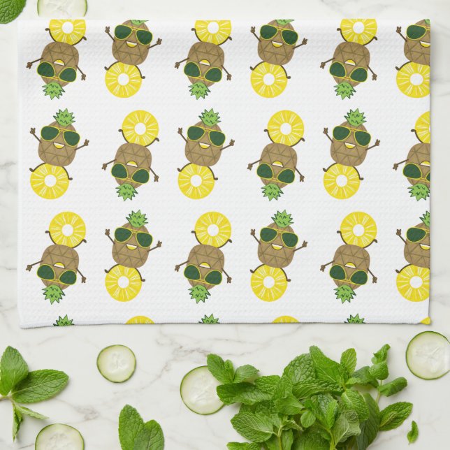 Cool Pineapple Dude Rolling on a Pineapple Ring Tea Towel (Folded)